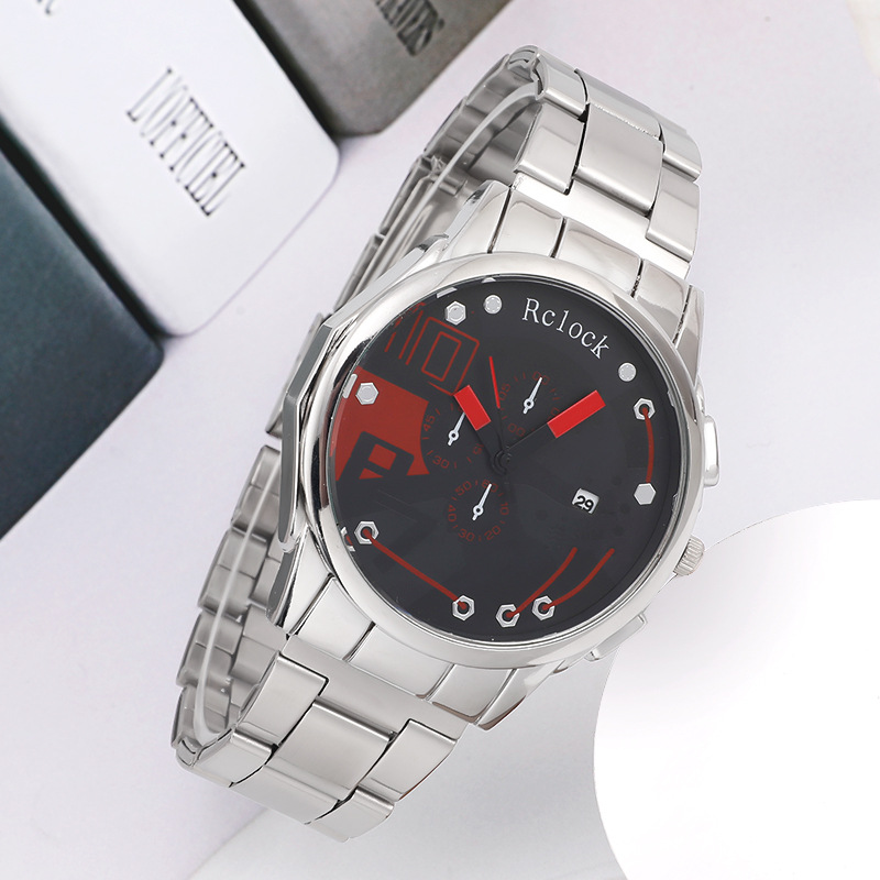 工厂新款休闲男士钢带手表rclock潮流学生腕表外贸畅销日历石英表