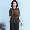 gambiered Guangdong gauze mulberry silk shirt Short sleeved Real silk shirt black Wide leg pants Two suit Large mom