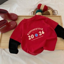 男女童2024新款百搭洋气红色假两件长袖T恤儿童韩系宝宝休闲上衣