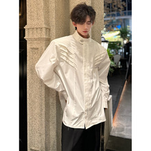 小众解构垫肩衬衫男款夏季高级感设计感长袖衬衣廓形分割立领外套