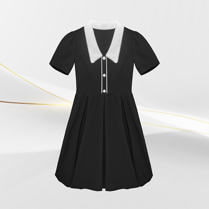 [JH-40] 2024 Spring and Summer Retro Black and White Contrast Color Exquisite Square Collar Diamond Decorations Women's Dress Women Clothes