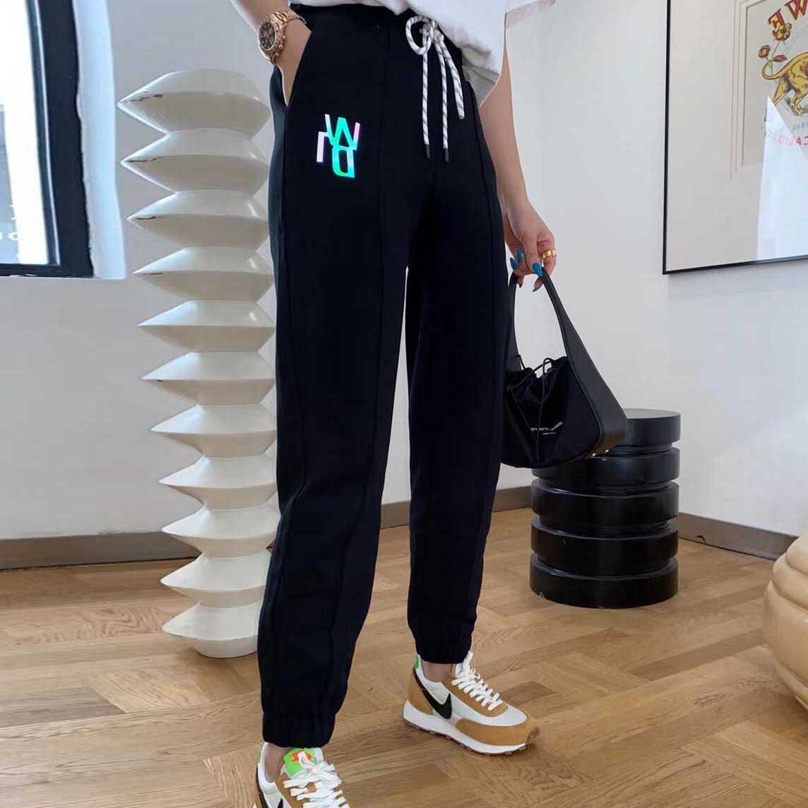 wd反光字母印花松紧腰束脚运动裤宽松休闲显瘦裤子女