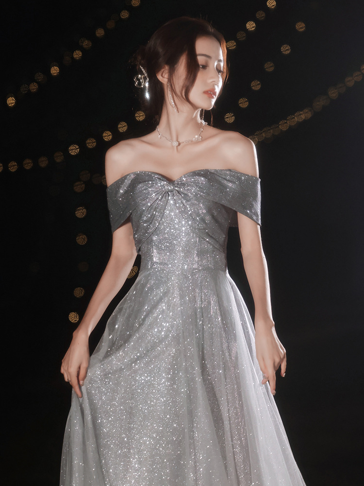 仙气晚礼服2022夏新款气质宴会一字肩主持人连衣裙小个子显白显瘦