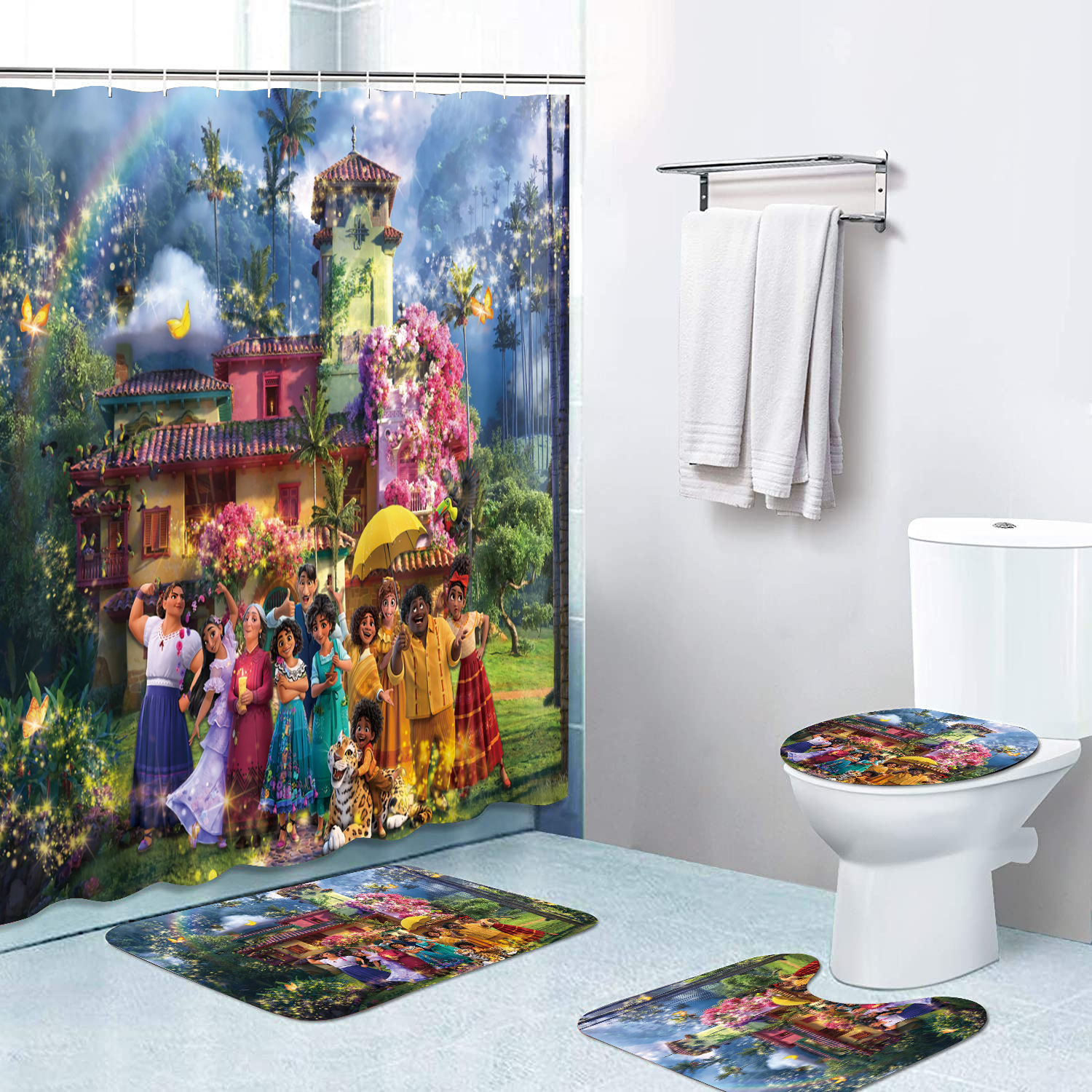 Magic Full House Shower Curtain 4 PCs Set Encanto Waterproof Shower Curtain Carpet Non-Slip Mat Toilet Mat Floor Mat Set