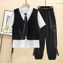 WZXSK2022夏季男女套装韩版宽松短袖衬衫+机能风马甲工装裤三件套