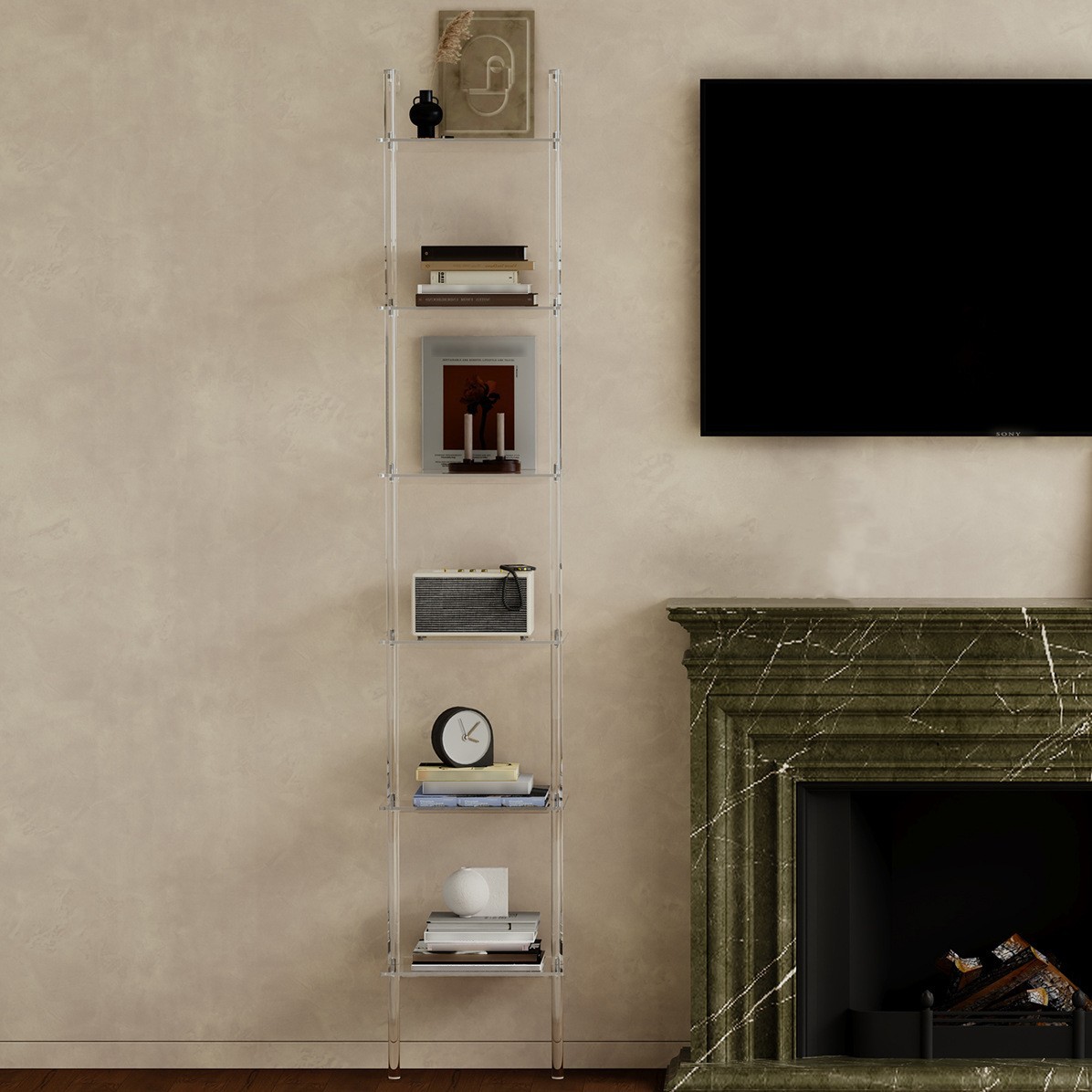 亚克力透明钉墙书架落地五层壁挂式阶梯展示架小空间客厅置物柜