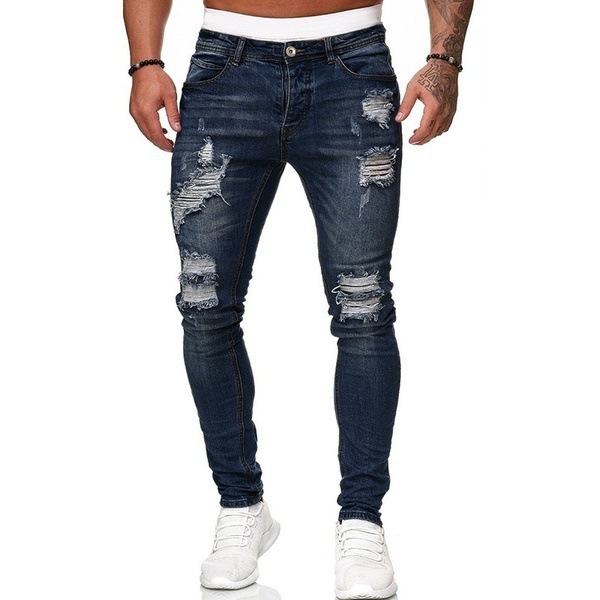 European and American New Wish Men's Pants Ripped Matte White Slim-Fit Denim Trousers Fashion Pants Men's Popular