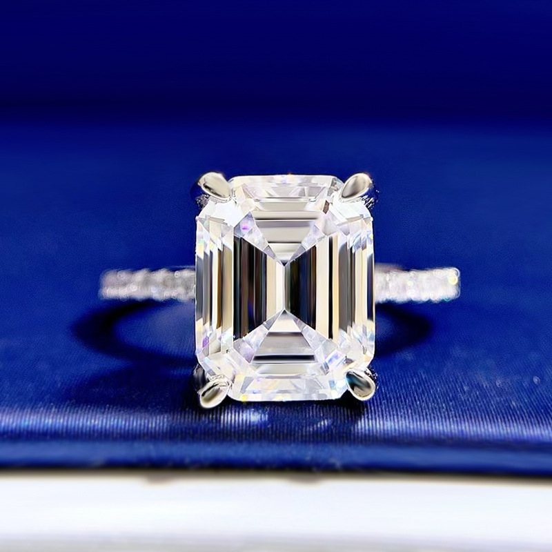 鹿鹿通珠宝长方宝塔车平8*10高碳钻6克拉奢华群镶925银欧美钻戒指