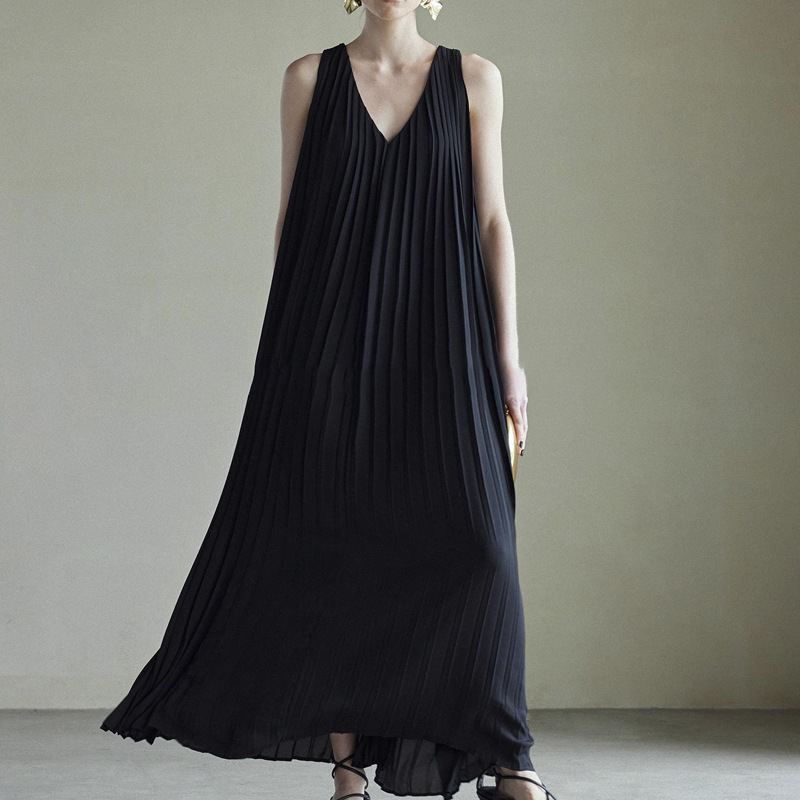 【mo ye】灵动白月光 重工高定质感立体百褶长裙雪纺v领连衣裙女