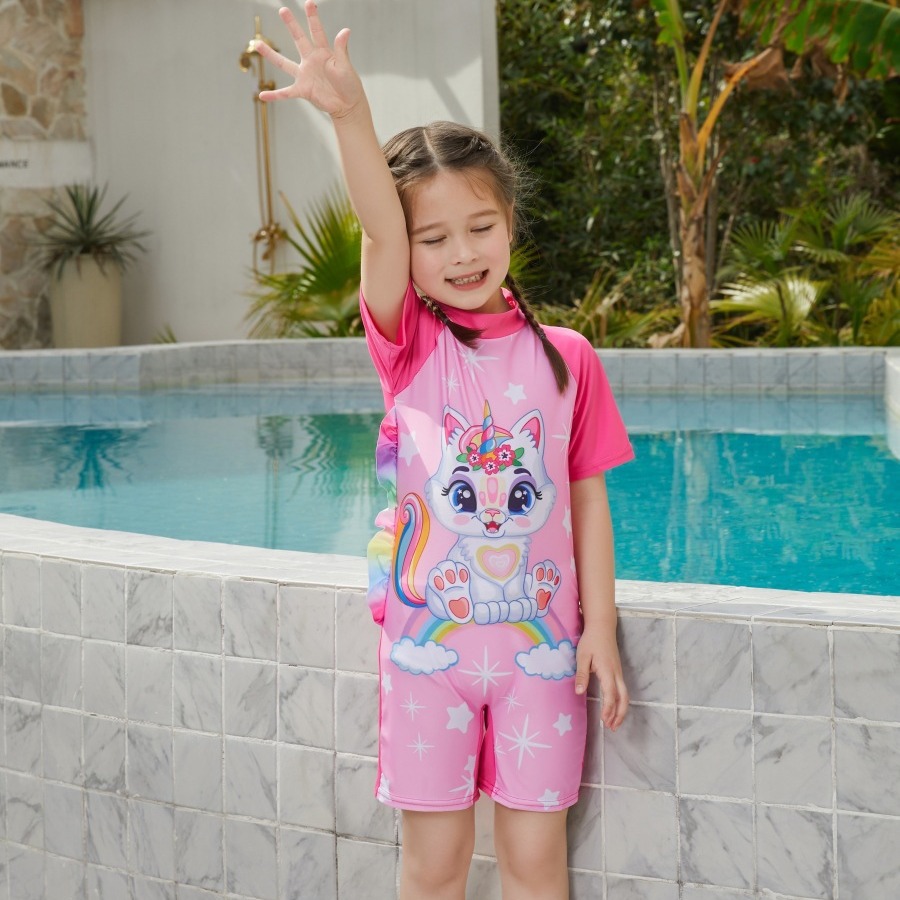 跨境外贸儿童泳衣女孩连体防晒速干冲浪服小中大女童短袖游泳衣