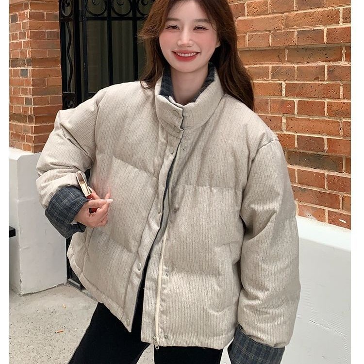 加棉加厚拼接格纹面包气质羽绒棉棉服女2025冬新款小个子立领棉衣