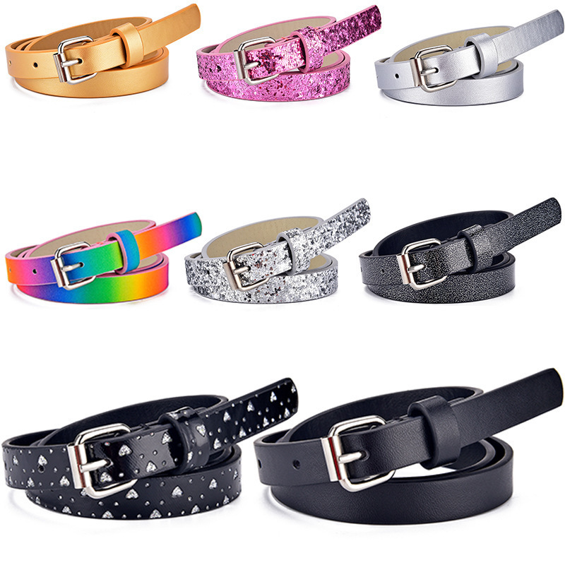 New Children's Leather Belt Flat Thin GREAT Korean Style Heart-Shaped Glittering Powder Children's Jeans Short Belt Cross-Border