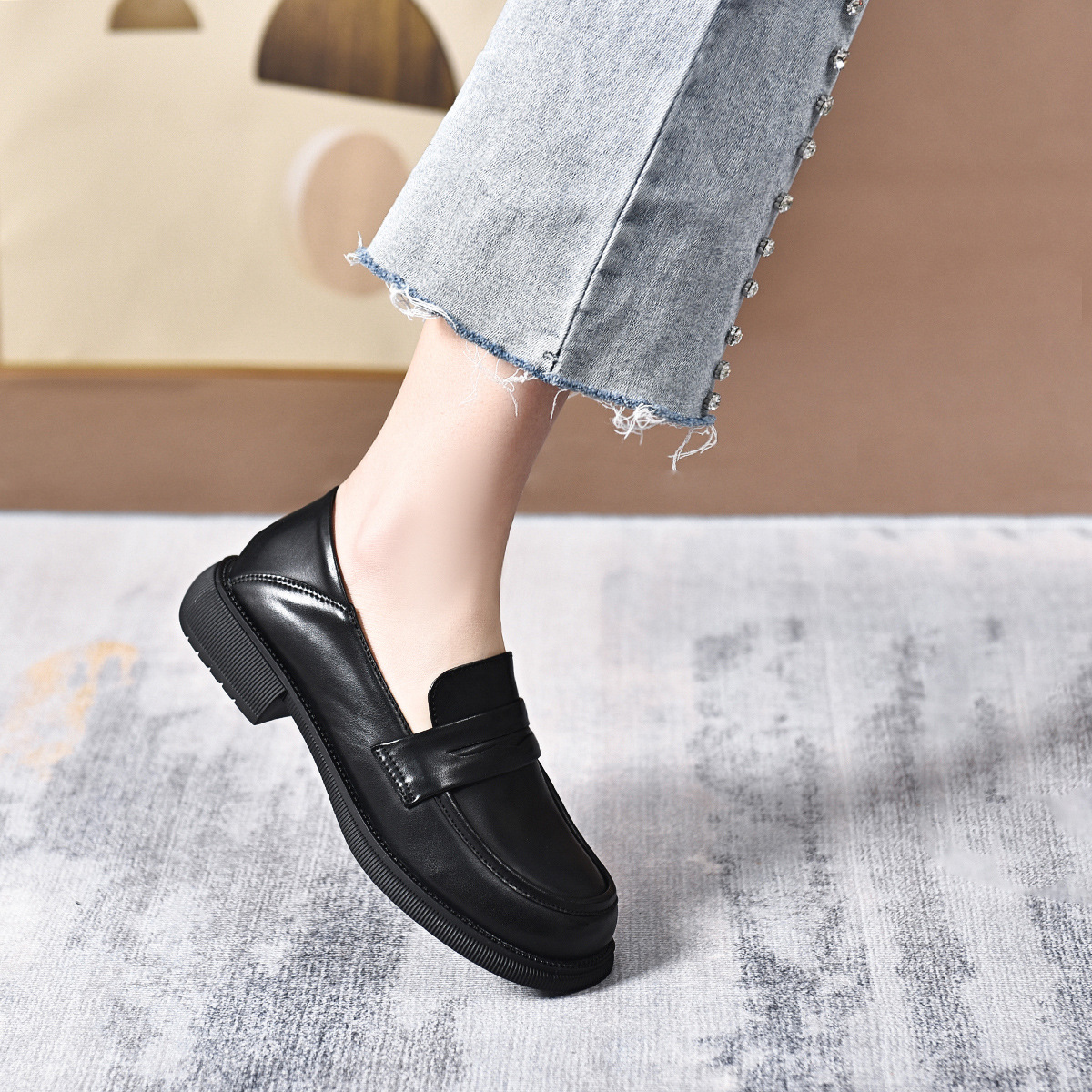 乐福鞋女2022春季新款黑色平底头层牛皮低帮单鞋小皮鞋休闲懒人鞋