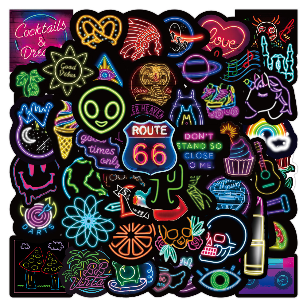 50张霓虹灯涂鸦贴纸个性diy行李箱电瓶车手机保温杯防水贴画批发