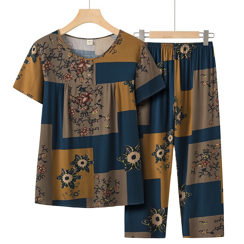 妈妈夏装老年人奶奶套装短袖t恤两件套宽松上衣老太太老人衣服薄