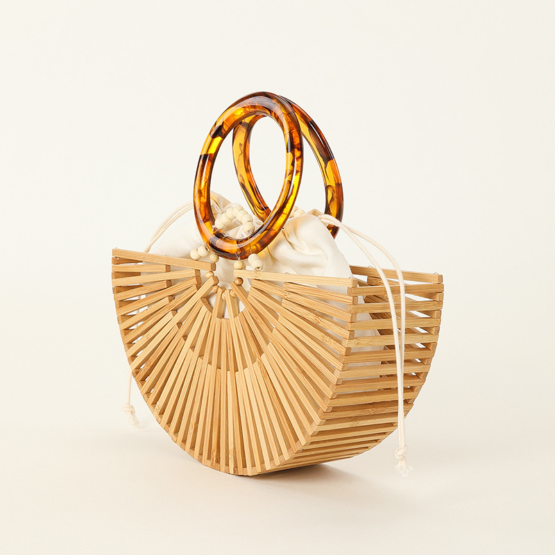 Cross-Border Ins Amazon Hot Semicircle Hollow Women's Niche Bamboo Hand-Woven Beach Bamboo Handbag