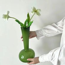 欧式中古高级感琉璃花瓶橄榄绿手工小众艺术小口径插花瓶客厅摆件