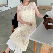 针织背心连衣裙女2024夏季小众设计镂空开叉外搭叠穿罩衫中长款