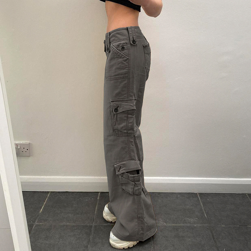 American Street Retro Style Irregular Large Pocket Wide Belt Design Jeans Hot Girl Fried Street Straight Casual Pants