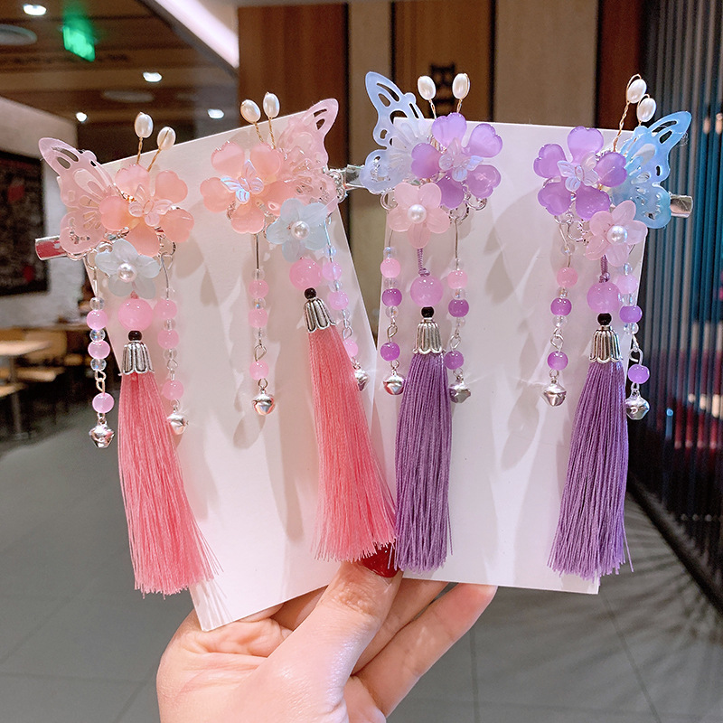 韩版新款儿童汉服蝴蝶发夹女孩古风流苏吊坠边夹唐装珍珠铃铛发饰