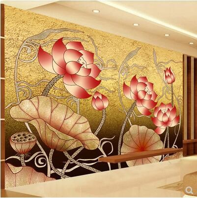 金箔荷花壁纸佛教文化瑜珈馆美容壁画金莲花荷花寺庙佛堂背景墙布