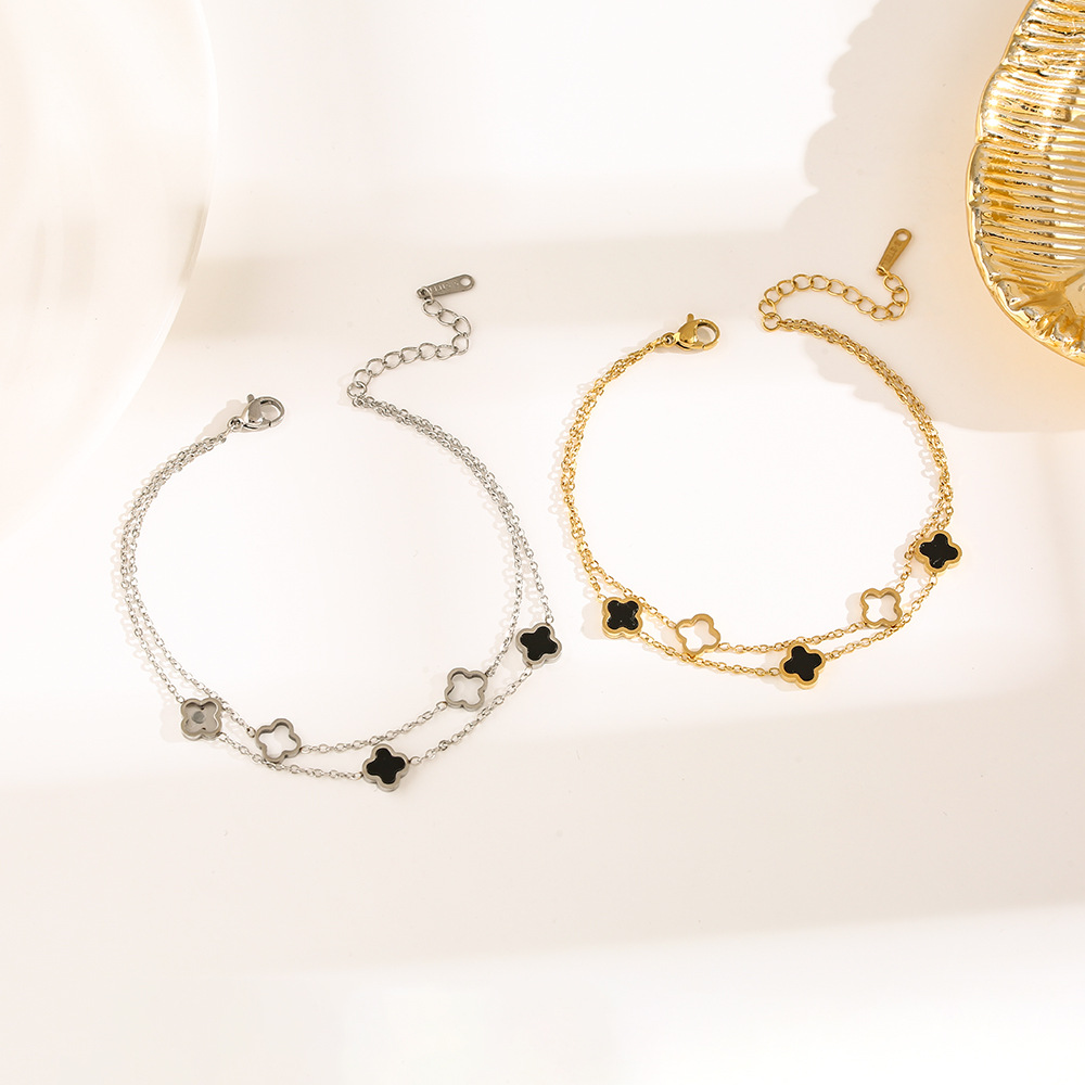 韩版双层双面四叶草手链女小众设计18k玫瑰金钛钢网红百搭手饰品