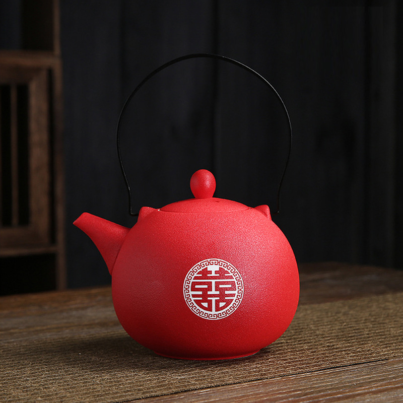 婚庆红色双喜提梁壶结婚敬茶家用陶瓷茶壶茶杯新婚礼物婚庆用品