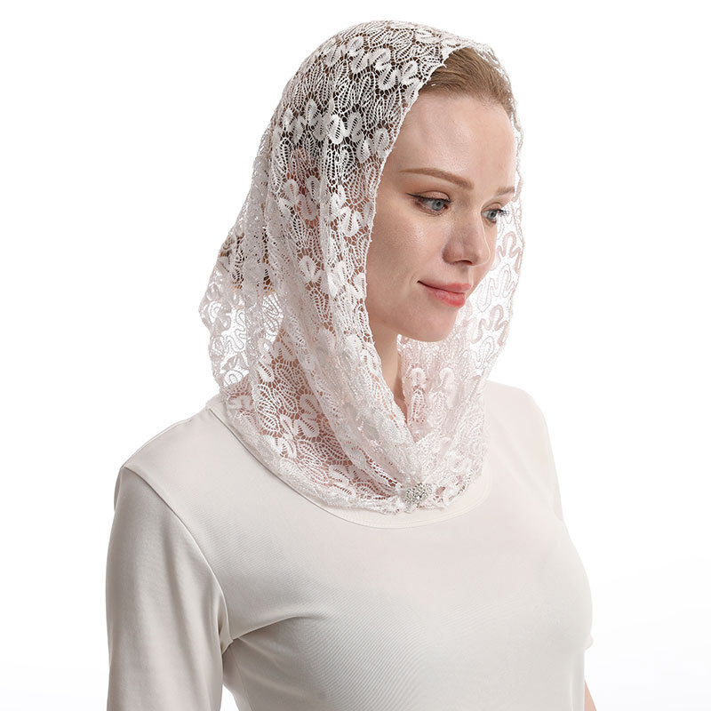 ebay亚马逊外贸弥撒头巾白蕾丝花边穆斯林头饰头纱披肩单层遮面纱