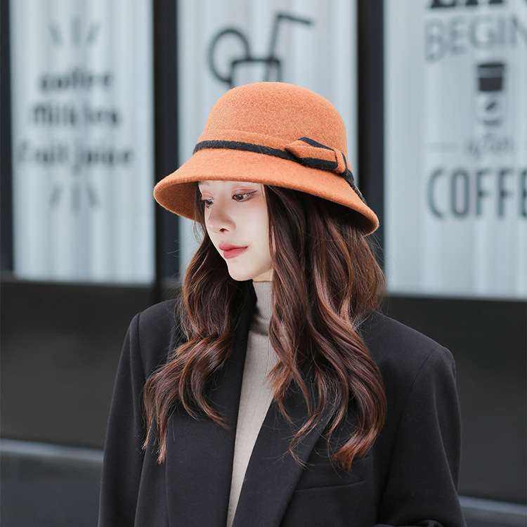 Solid Color Wool Bow Sun Hat Bucket Hat New Autumn and Winter Korean Style Face-Looking Small Plush Warm Women's Hat