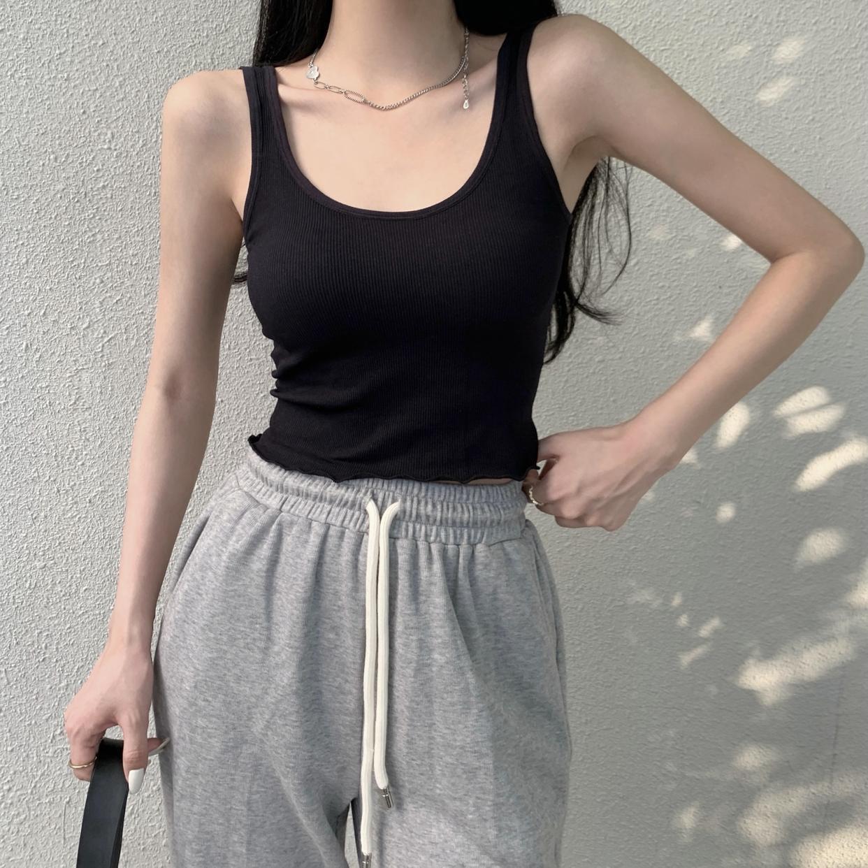 9成交68件夏季平口灰绿色华夫格吊带带胸垫女外穿内搭背心一体肩带