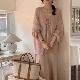 慵懒风软糯中长款马海毛针织开衫女春秋v领毛衣外套温柔上衣