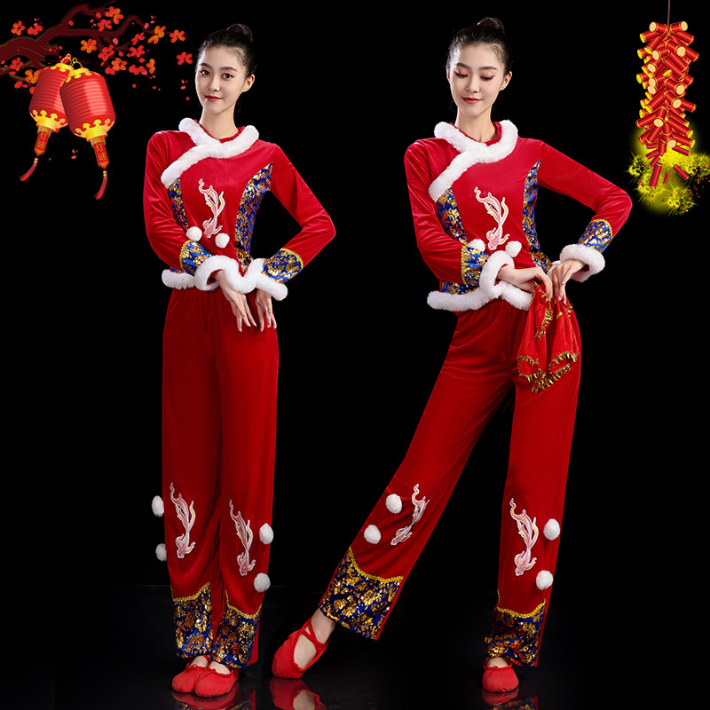 新款秧歌服女民族金丝绒广场舞套装红色喜庆打鼓服舞台演出服2338