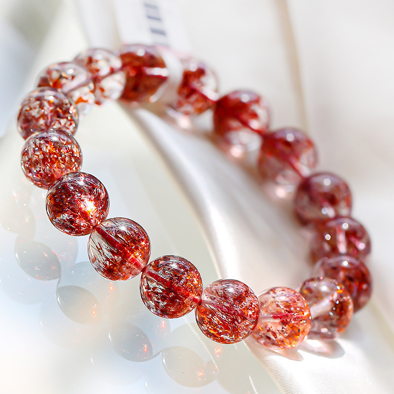 阿根廷天然冰种红纹石手链女桃花手串粉晶粉水晶珠子手