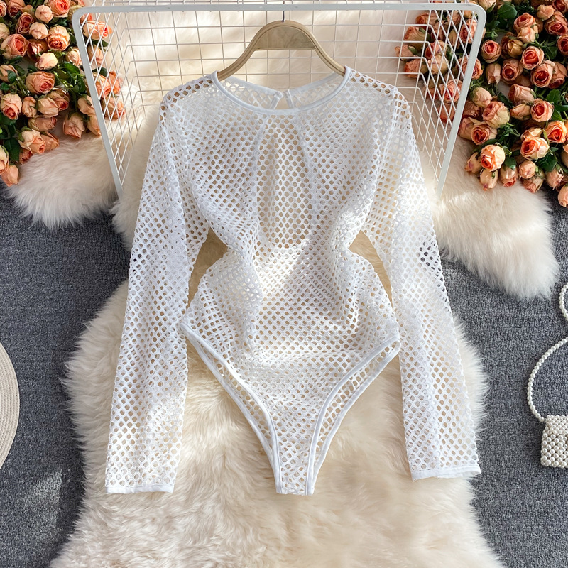 2021夏季欧美性感白色网纱透视镂空长袖连体衣宽松圆领罩衫上衣女