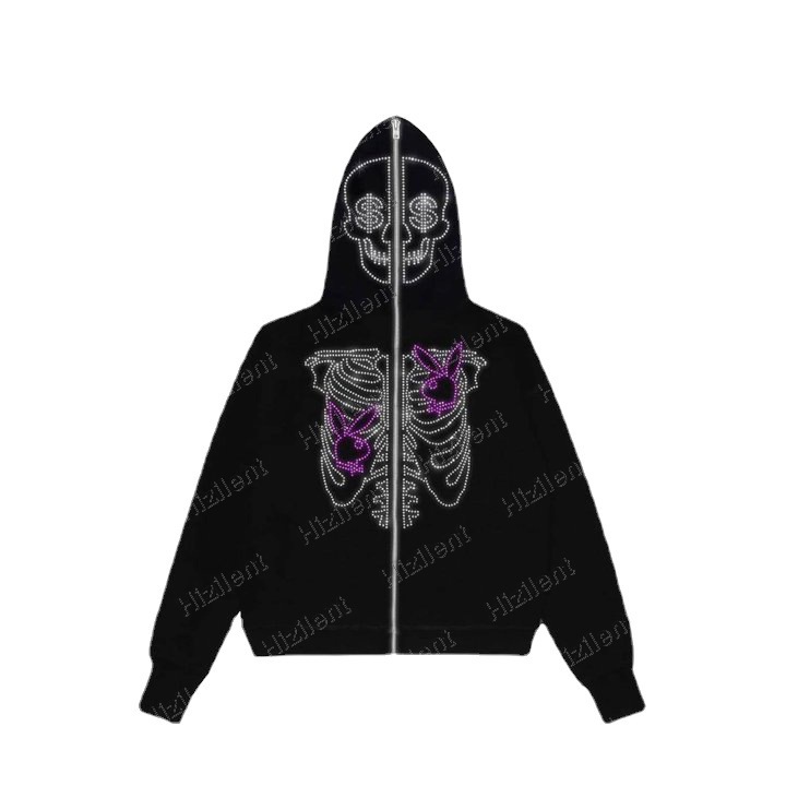 y2k美式街头嘻哈朋克风潮流连帽开衫创意搞怪骷髅头烫钻卫衣批发