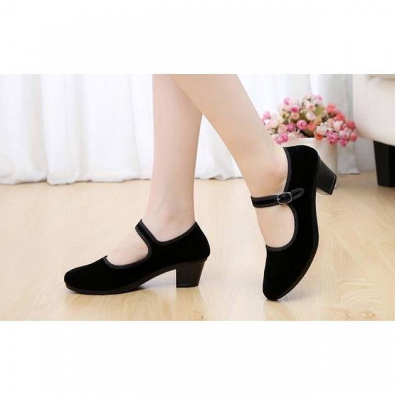 高跟跳舞鞋女鞋黑一带老北京布鞋橡胶底单鞋平底工作鞋宾馆酒店美