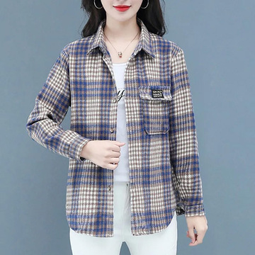春秋季新款厚毛呢格子衬衫女爆款中老年女士格子衬衫显瘦宽松外套