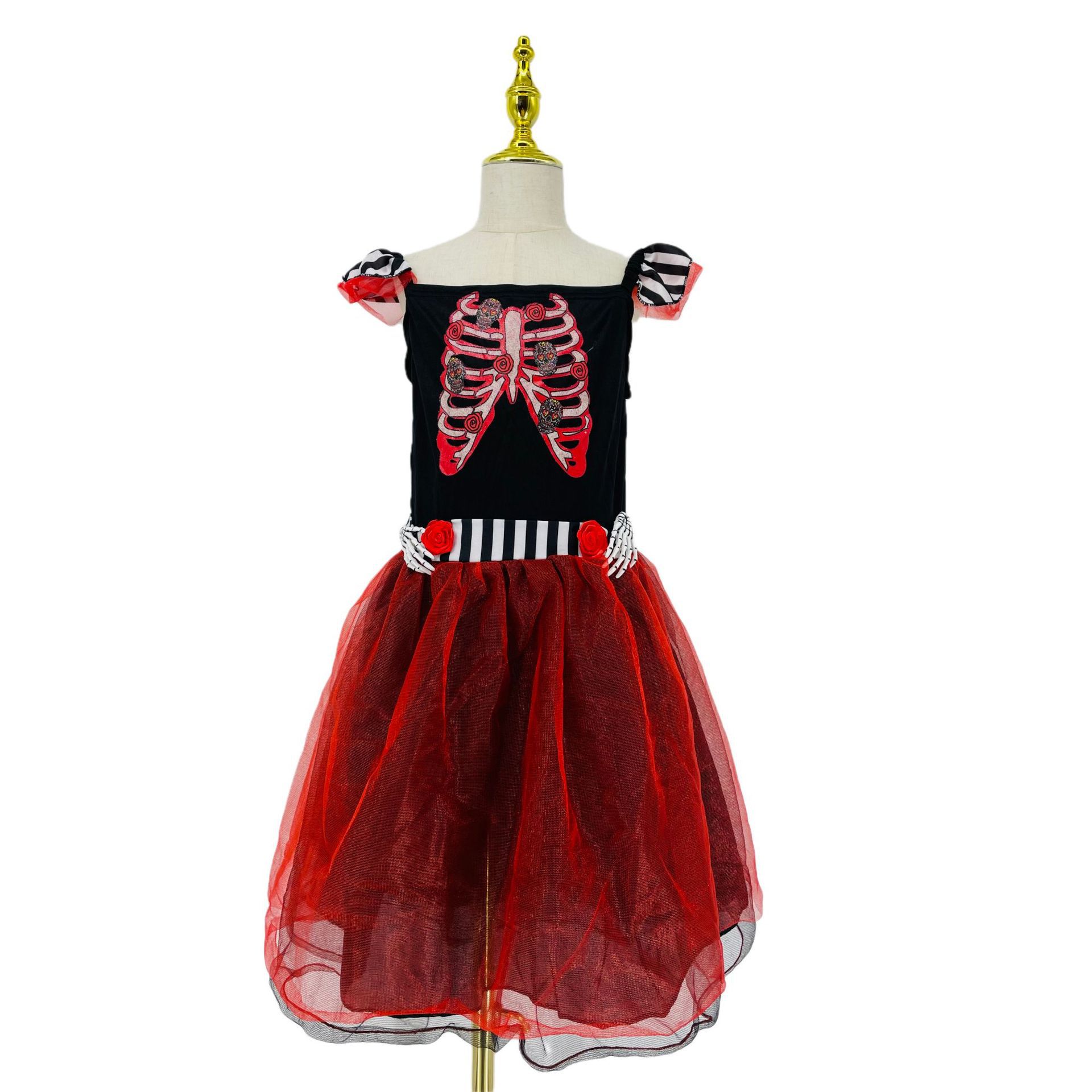 厂家定制女款骷髅服鬼节深红色短裙恐怖化装舞会连衣裙节目舞台服