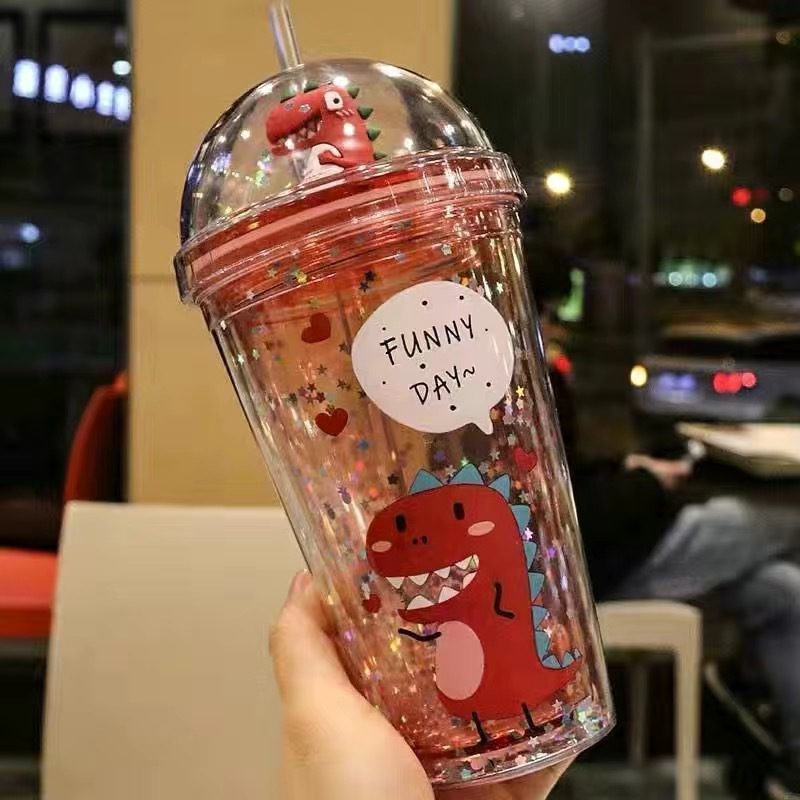 Wholesale New creative Summer Dinosaur Sequins Plastic Straw Cup Unicorn Cartoon Double Layer with Light Gift Ice Cup