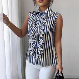 跨境春夏优雅女式蓝白条纹气质通勤荷叶边翻领无袖衬衫收腰上衣