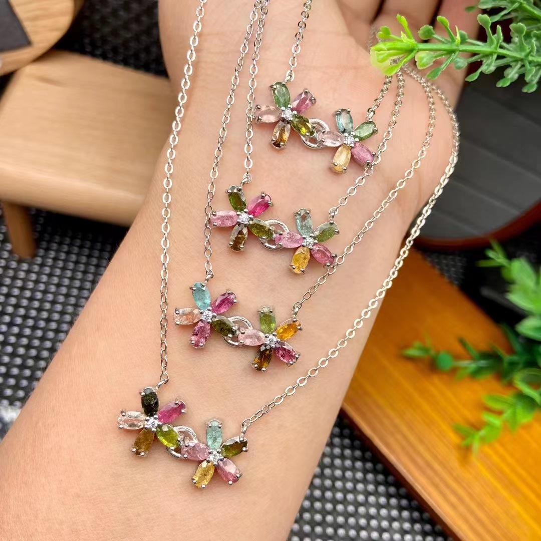 包邮s925镀银天然彩虹碧玺吊坠项坠锁骨项链女 女生生日礼物批发
