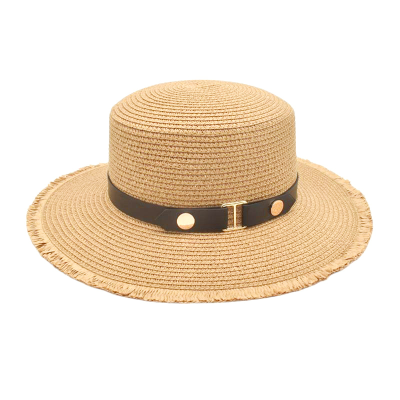 Spring and Summer New Style Frayed Edge Flat Straw Hat Belt Style Japanese Women's Fashion Simple Sunshade Sun Protection Hat All-Matching Sun Hat