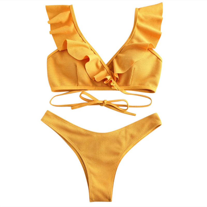 2023 New European and American Solid Color Rib Fabric Cloth Bikini Sexy Adjustable Strap New Women's Swimsuit