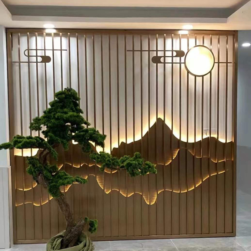 新中式不锈钢假山屏风酒店前台背景墙户外庭院金属山水镂空隔断墙
