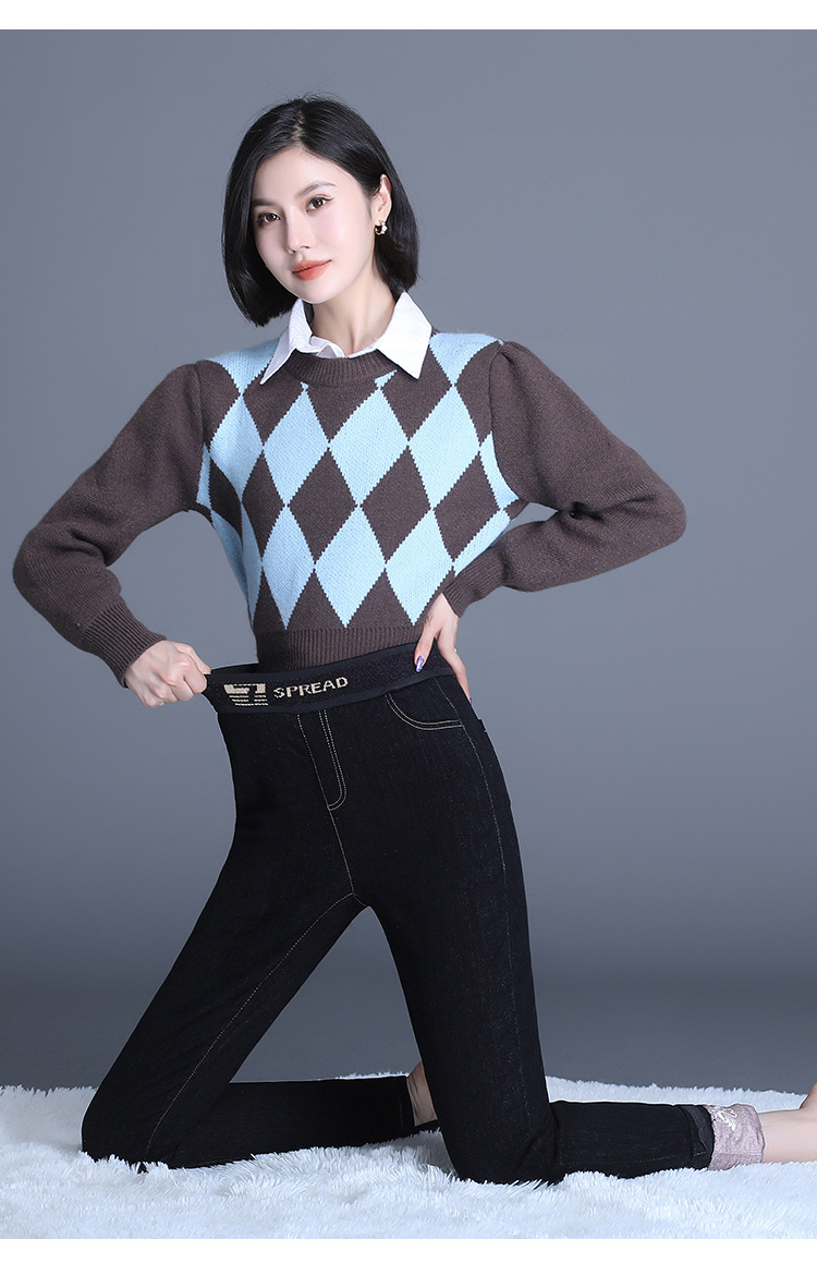 白鸭绒羽绒牛仔裤女冬2021新款大码高腰保暖棉裤气质修身铅笔裤