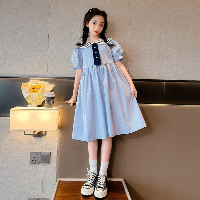 女童韩版领带连衣裙夏装大童学院风棉布长裙女孩学生短袖公主裙潮