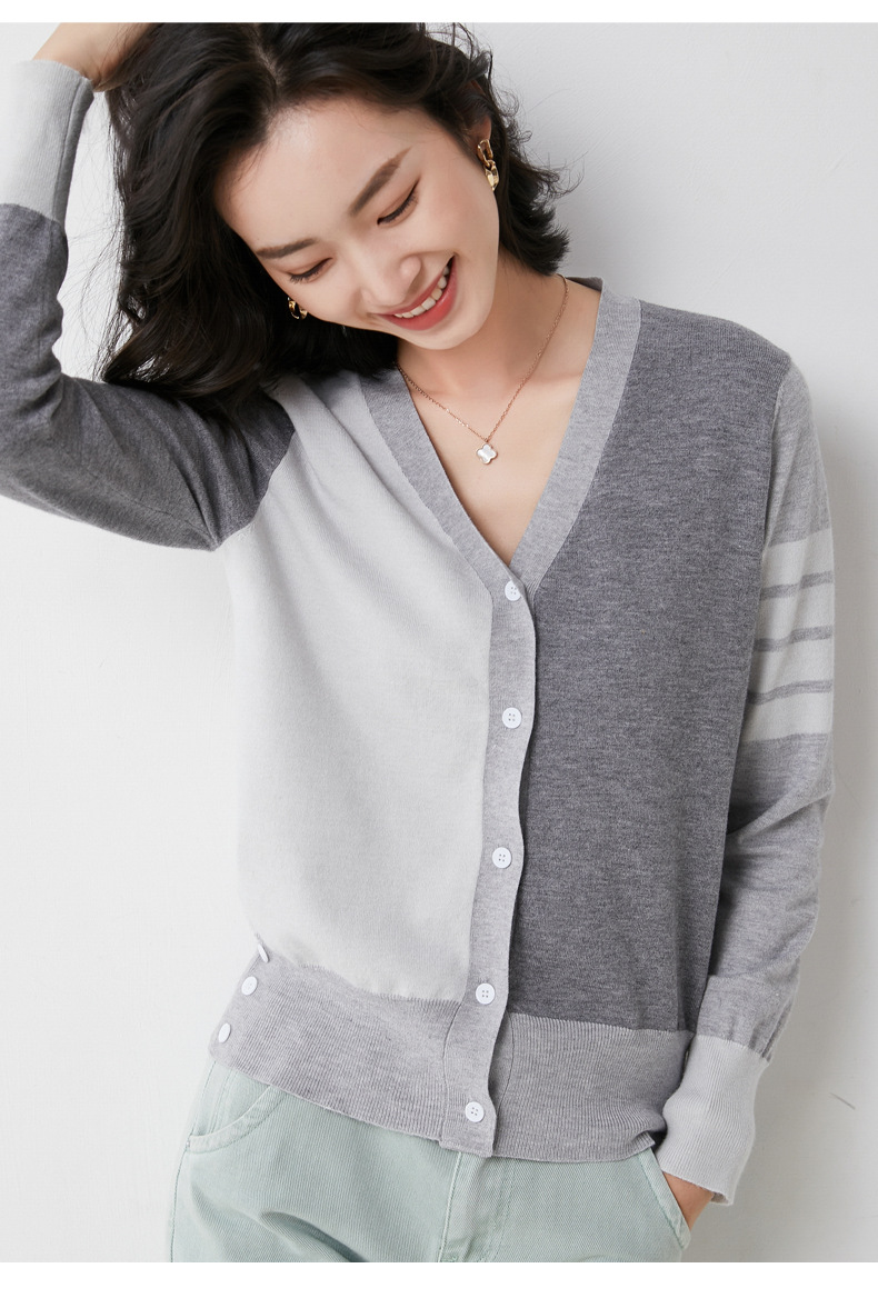 2021秋季混纺棉女装新款宽松v领拼色短款外搭上衣开衫外套针织衫