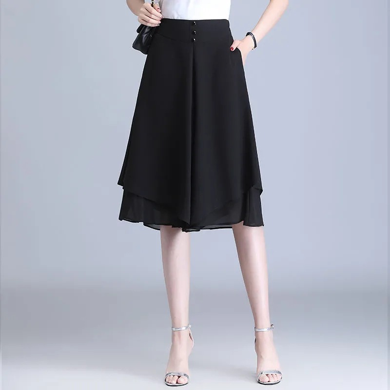 New Skirt Spring and Autumn Gauze Skirt Chiffon Draping Versatile High Waist A- line Pleated Mesh Culottes