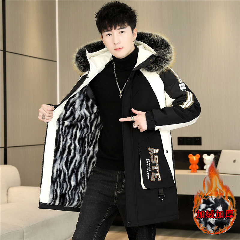 冬季新款加绒夹克男水貂绒中长款毛领派克服男休闲外套男青年棉衣