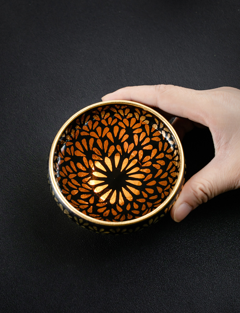 手工金油滴建盏铁胎黄金天目茶盏鎏金陶瓷主人杯金盏茶杯单个礼盒